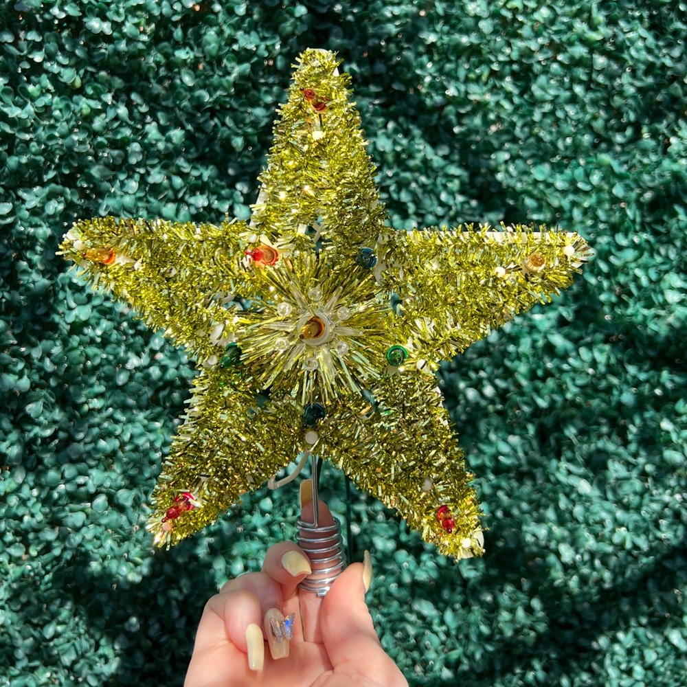 Vintage Christmas tree topper, gold light up tree topper